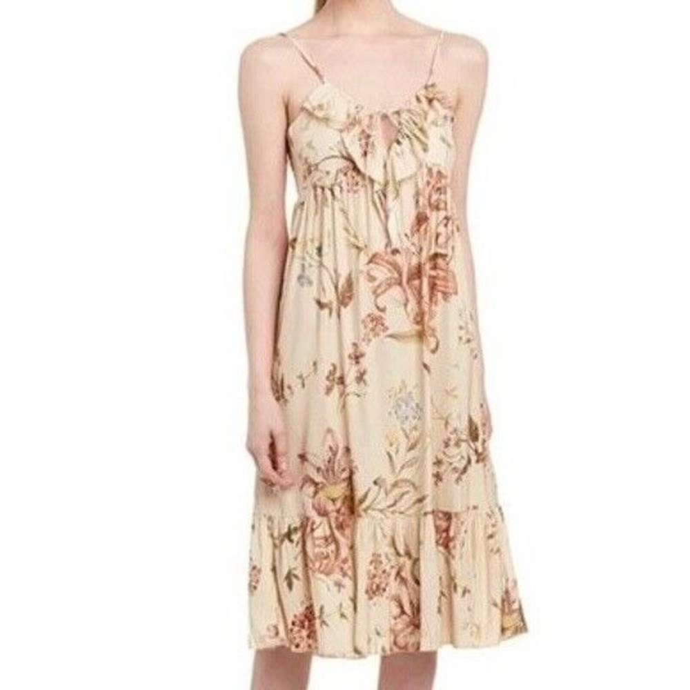 CHASER‎ Floral Print Ruffle Midi Dress Spaghetti Strap Summer Boho Beige Size M